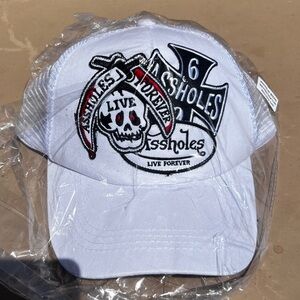 Assholes Live Forever White Trucker Hat With Embroidered Skull & Crossbones